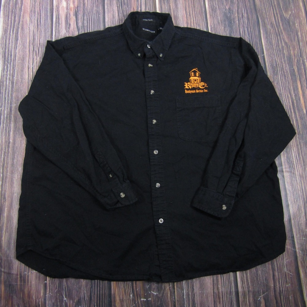 UltraClub Mens Size 2XL Black Cotton Button Up Shirt Long Sleeve Workwear Logo